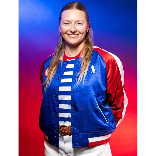 Olympic Team USA Daniela Moroz Bomber Blue and Red Satin Jacket