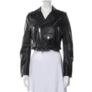 Women’s Cropped Belted Black Leather Biker Jacket