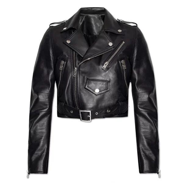 Women’s Cropped Belted Leather Biker Jacket