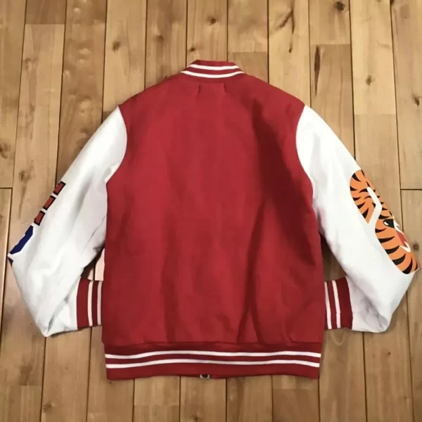 Bape Shark Sweat Red and White Full-Snap Wool Leather Varsity Jacket