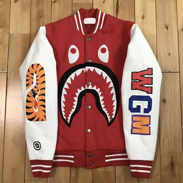 Bape Shark Sweat Red and White Wool Varsity Jacket