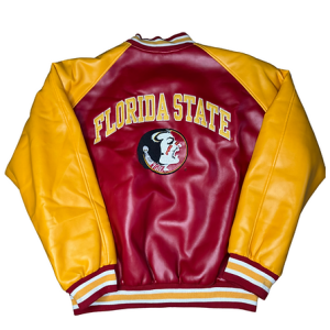 FSU Vintage Embroidered Red Faux Leather Jacket