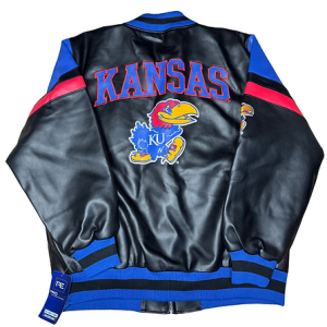 Kansas University Vintage Embroidered Jayhawks Faux Leather Black Jacket