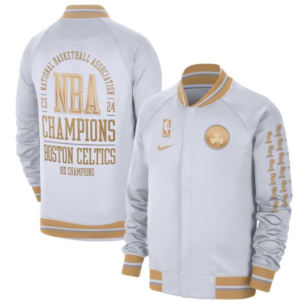 Men's Nike White/Gold Boston Celtics 2024 NBA Finals Champions Banner Collection Authentic Showtime Full-Zip Jacket