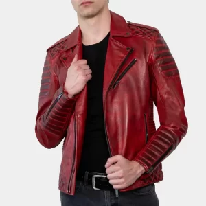 Men’s Red Padded Leather Biker Jacket