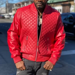 Men’s Red Quilted Bomber Leather Jacket