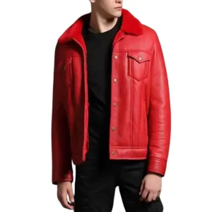 Men’s Trucker Shearling Red Leather Jacket