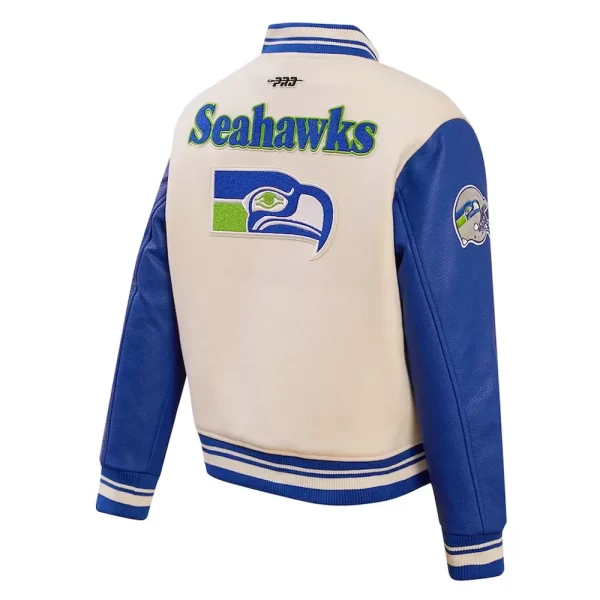 Retro Classic Seattle Seahawks Cream and Blue Wool Varsity Jacket