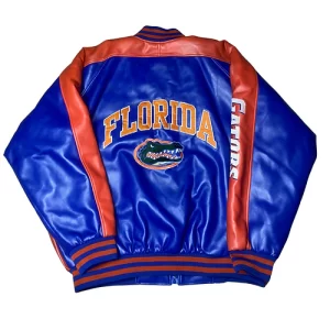 UF Vintage Embroidered Gator Logo Faux Leather Blue Jacket