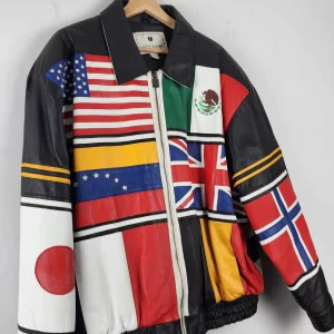 Vintage Multi-Country Flag Leather Zip Jacket