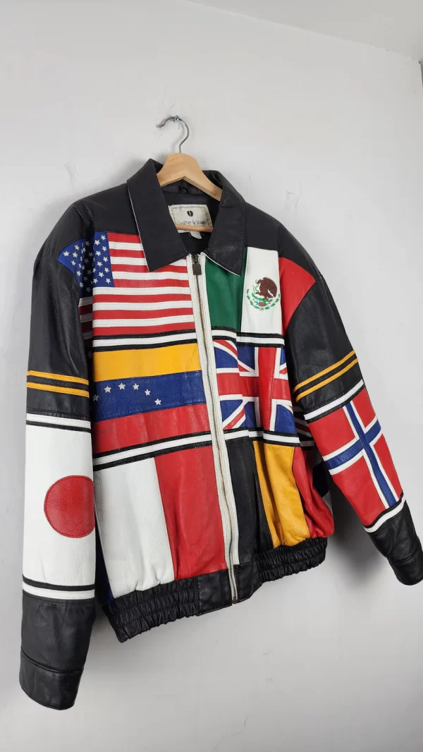 Vintage Multi-Country Flag Leather Zip Jacket