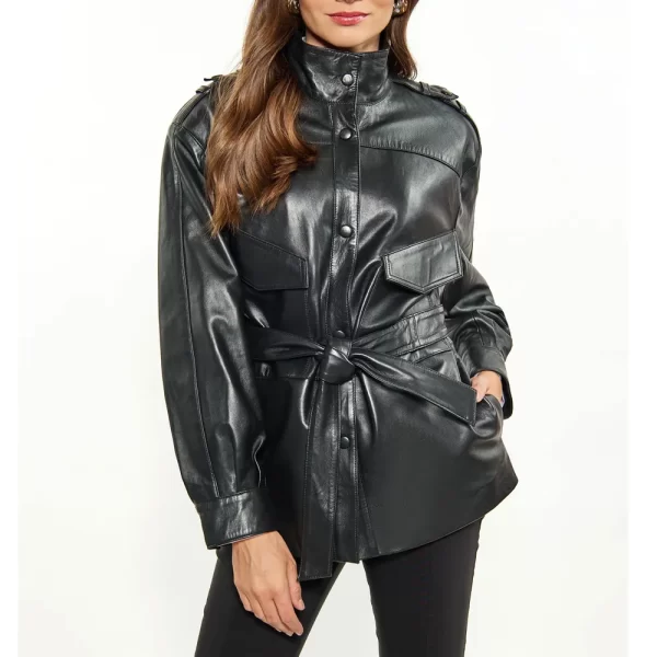 Women Black Long Belted Leather Jacket