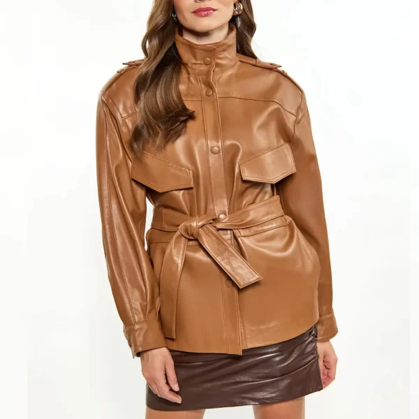 Women Brown Long Belted Leather Jacket