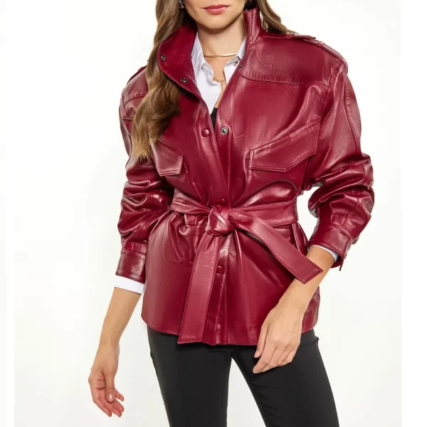 Women Maroon Long Belted Leather Jacket