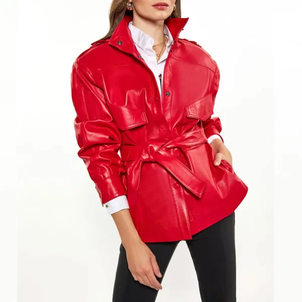 Women Red Long Belted Leather Jacket