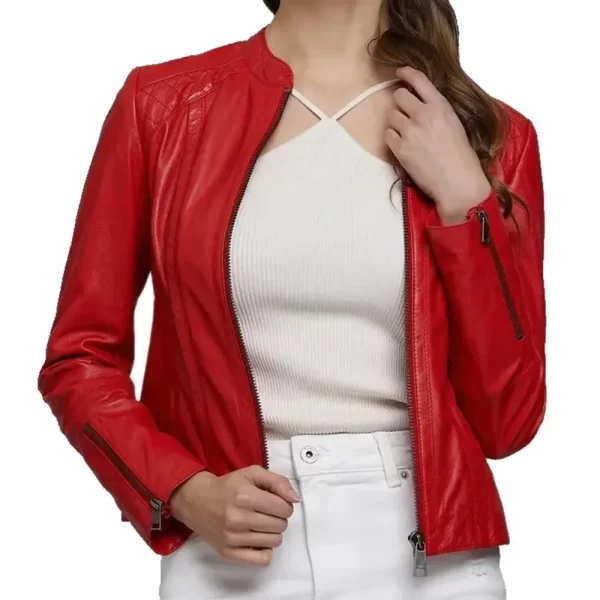 Women’s 100% Real Red Leather Biker Style Jacket