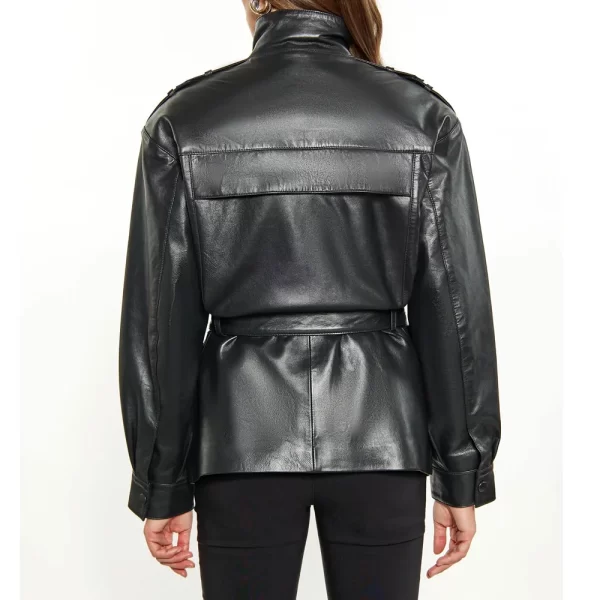 Women’s Belted Black Full-Snap Long Leather Jacket