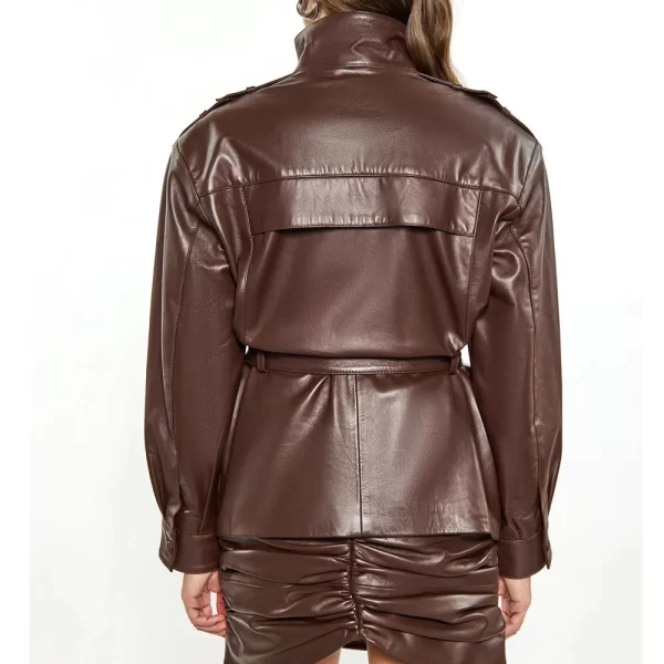 Women’s Belted Brown Full-Snap Long Leather Jacket