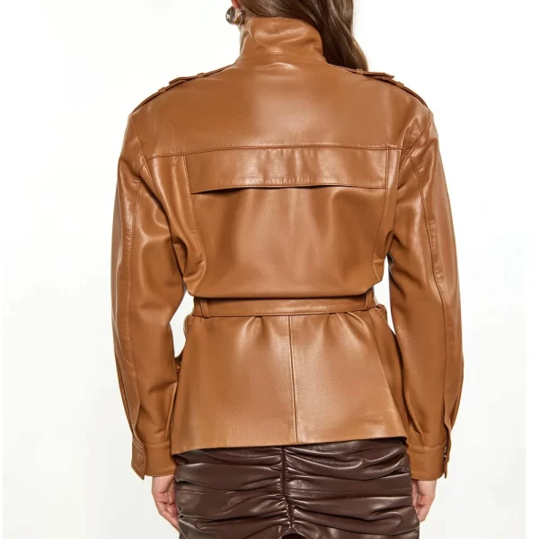 Women’s Belted Brown Full-Snap Long Leather Jacket