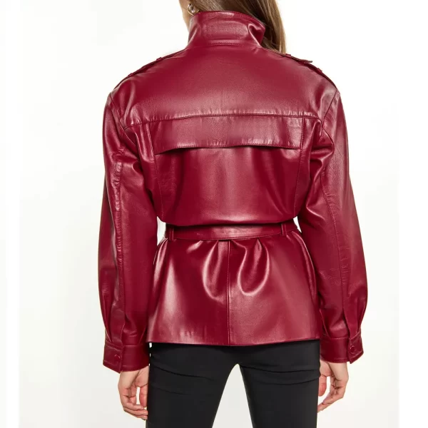 Women’s Belted Maroon Full-Snap Long Leather Jacket