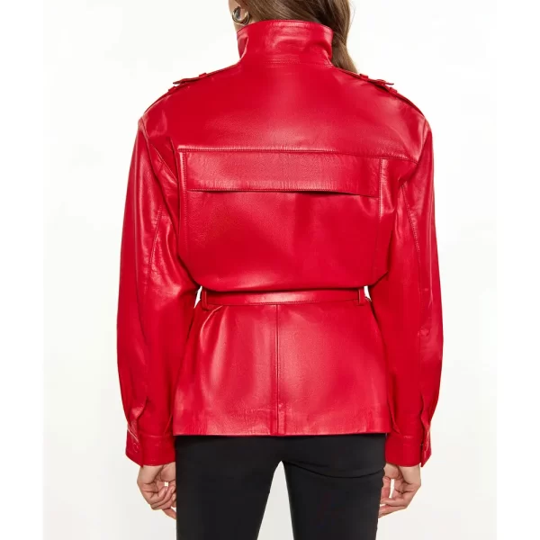 Women’s Belted Red Full-Snap Long Leather Jacket