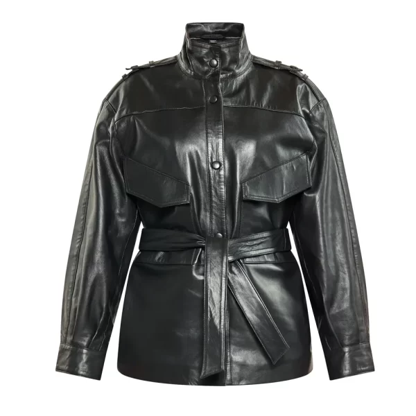 Women’s Black Long Belted Leather Jacket