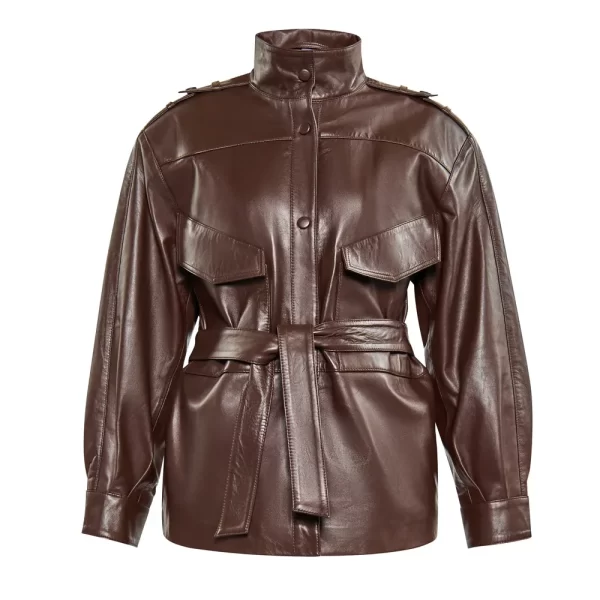 Women’s Brown Long Belted Leather Jacket