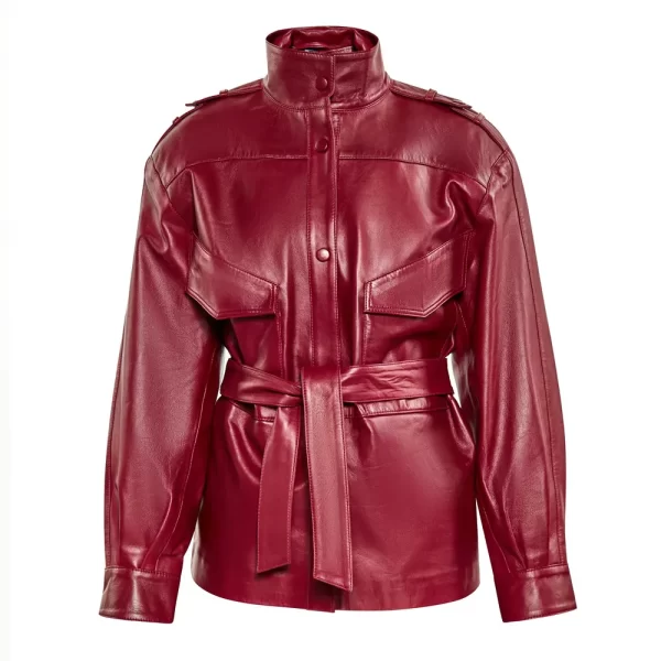 Women’s Maroon Long Belted Leather Jacket