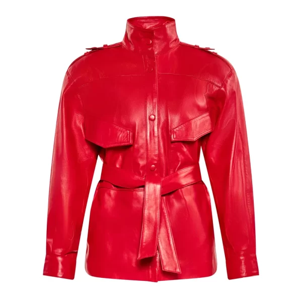 Women’s Red Long Belted Leather Jacket