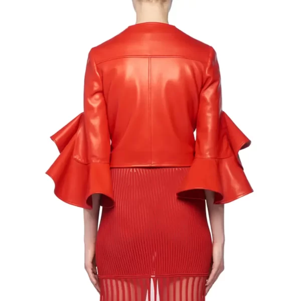 Women’s Ruffle Elbow-Sleeve Fitted Red Cropped Leather Jacket