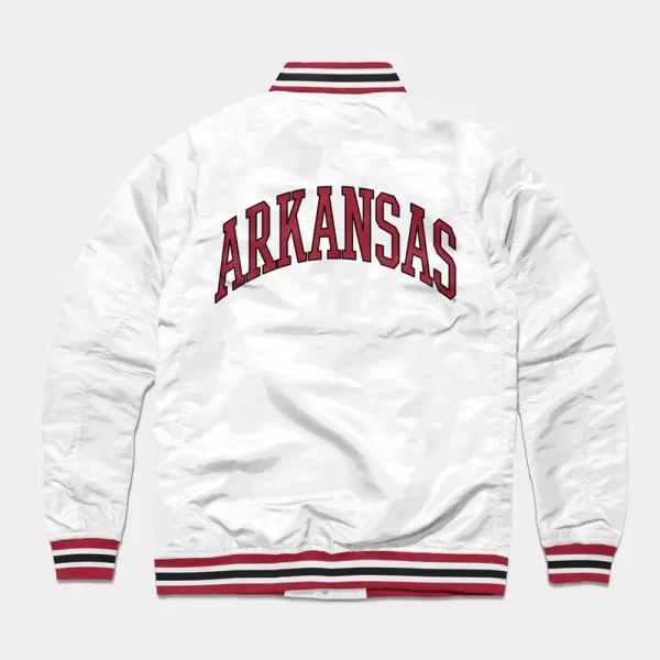 Arkansas Leaning Hog Full-Snap Varsity White Satin Jacket