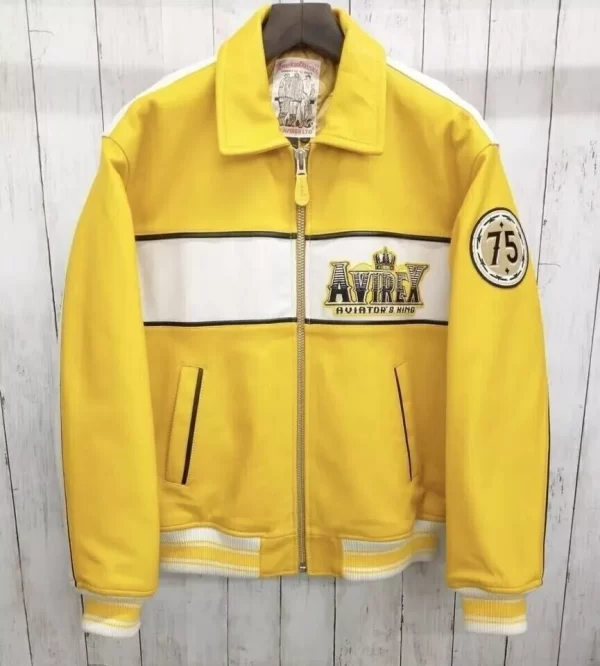 Aviators King Embroidered Avirex Patch on Back Yellow & White Leather Jacket