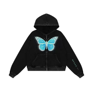 BLUE BUTTERFLY CROPPED ZIP UP BLACK HOODIE