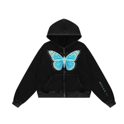 BLUE BUTTERFLY CROPPED ZIP UP BLACK HOODIE