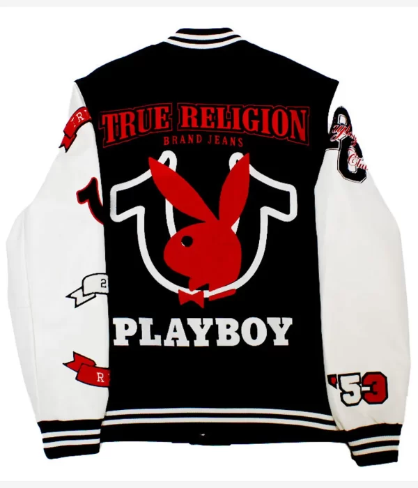 Playboy True Religion Black and White Varsity Wool Leather Jacket