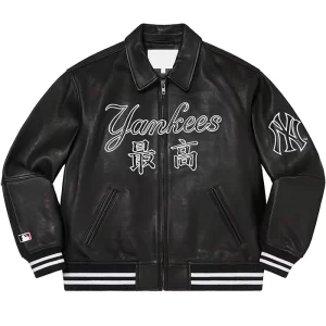 Supreme NY Yankees Varsity Black Leather Jacket