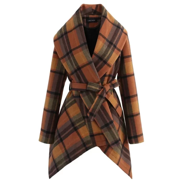 Women’s Caramel Plaid Wool Belted Pea Coat