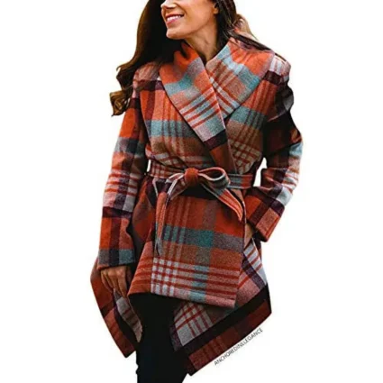 Women’s Coral Plaid Pattern Wool Blended Rabato Coat