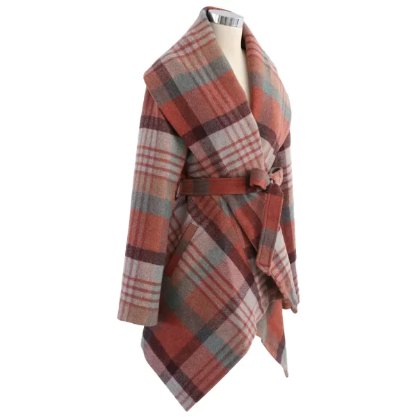 Women’s Multicolor Wool Plaid Shawl Style Long Sleeve Open Front Long Pea Coat