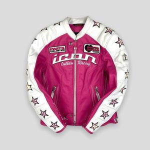 Women's Pink and White Leather Jacket