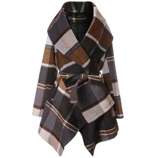 Women’s Turn Down Roll Collar Open Front Long Sleeve Plaid Crooked Style Hemline Coat