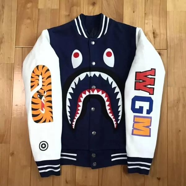 Bape Shark Sweat Blue Wool Varsity Jacket