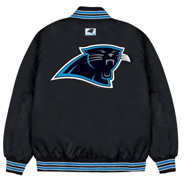 Men's Carolina Panthers GOLF WANG Black Satin Full-Snap Bomber Jacket