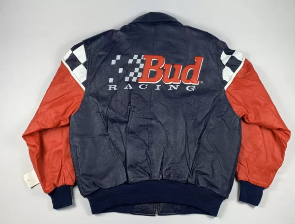 EXCELLED BUD RACING Leather Jacket Lined Large Blue Red White Checkered