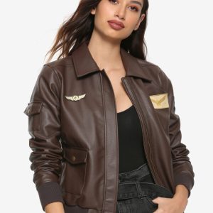 GET WOMEN’S CAPTAIN MARVEL FLIGHT BOMBER BROWN LEATHER JACKET