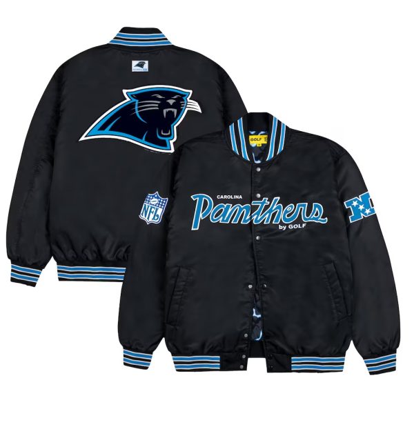 Men's Carolina Panthers GOLF WANG Black Satin Bomber Jacket