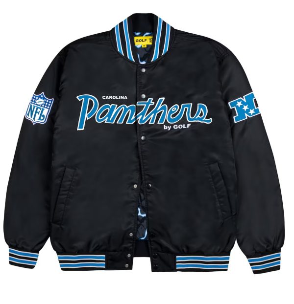 Carolina Panthers GOLF WANG Black Satin Bomber Jacket