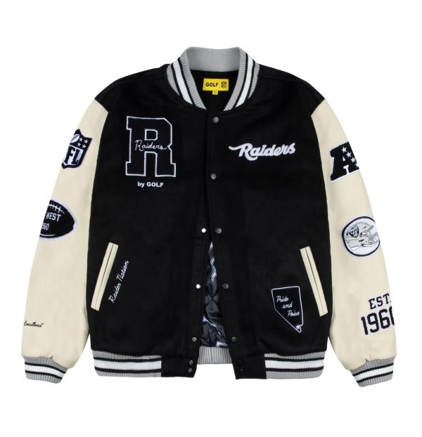 Men's Las Vegas Raiders GOLF WANG Black Letterman Full-Snap Jacket