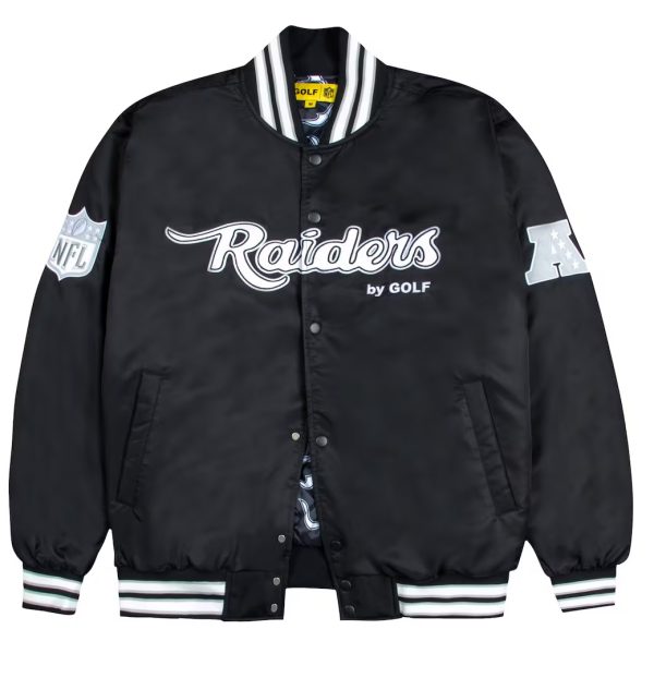 Las Vegas Raiders GOLF WANG Black Satin Bomber Jacket