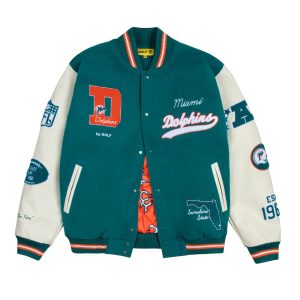 Men's Miami Dolphins GOLF WANG Aqua Letterman Full-Snap Jacket